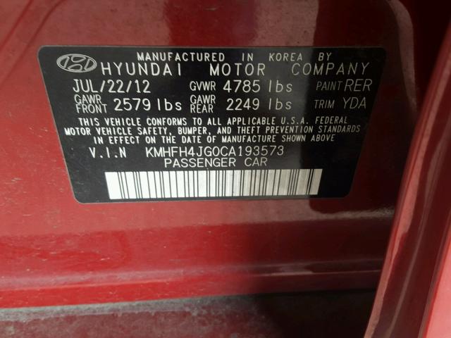 KMHFH4JG0CA193573 - 2012 HYUNDAI AZERA GLS RED photo 10