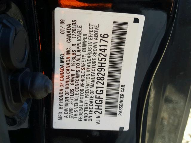 2HGFG12829H524176 - 2009 HONDA CIVIC EX BLACK photo 10