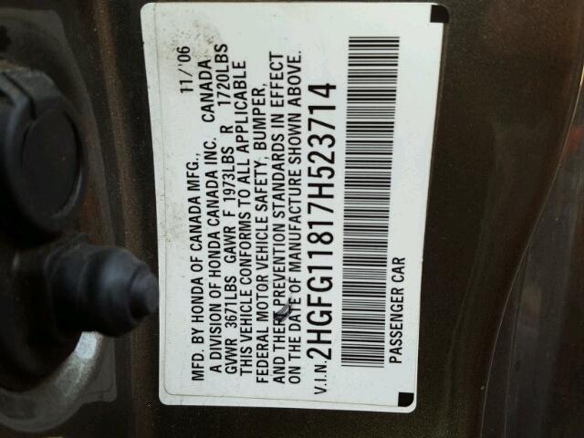 2HGFG11817H523714 - 2007 HONDA CIVIC EX GRAY photo 10