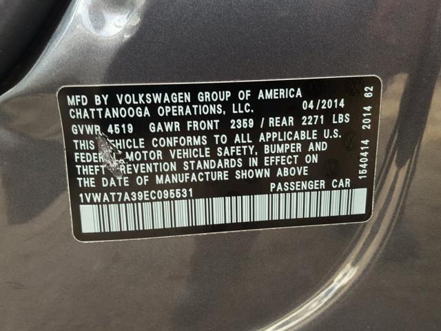 1VWAT7A39EC095531 - 2014 VOLKSWAGEN PASSAT S გრაფიტი ფოტო 10