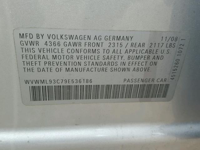 WVWML93C79E536186 - 2009 VOLKSWAGEN CC SPORT GRAY photo 10