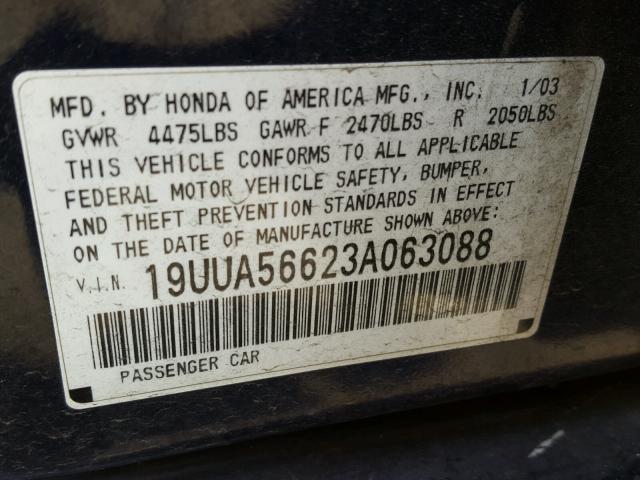 19UUA56623A063088 - 2003 ACURA 3.2TL BLUE photo 10