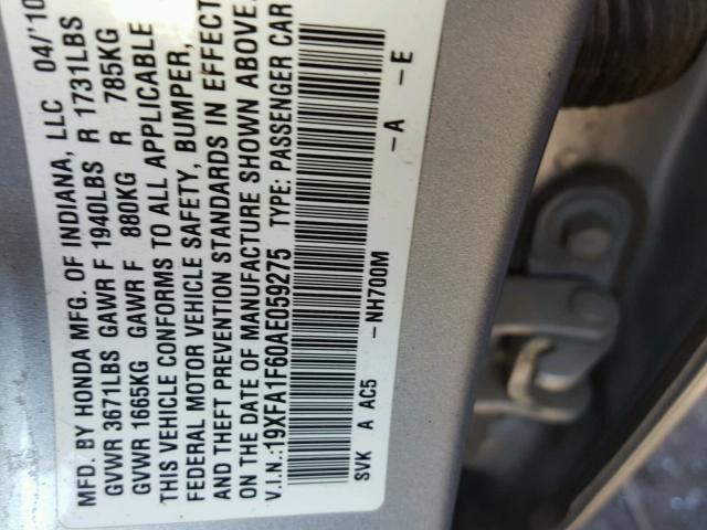 19XFA1F60AE059275 - 2010 HONDA CIVIC SILVER photo 10