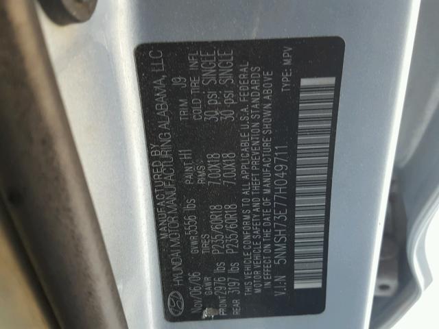 5NMSH73E77H049711 - 2007 HYUNDAI SANTA FE S BLUE photo 10