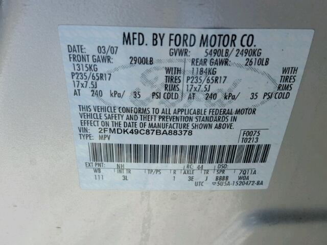 2FMDK49C87BA88378 - 2007 FORD EDGE SEL P WHITE photo 10