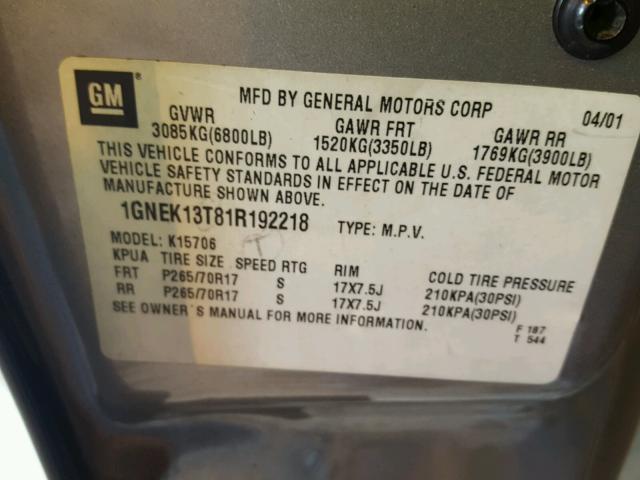 1GNEK13T81R192218 - 2001 CHEVROLET TAHOE K150 TAN photo 10