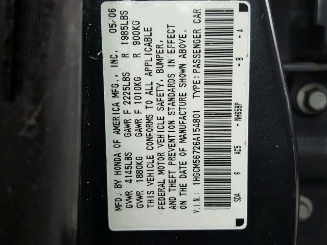 1HGCM56726A154801 - 2006 HONDA ACCORD EX BLACK photo 10