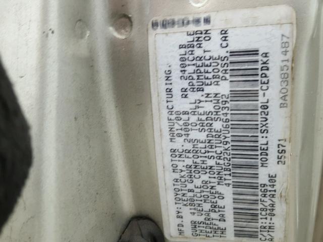 4T1BG22K9YU664392 - 2000 TOYOTA CAMRY CE GRAY photo 10