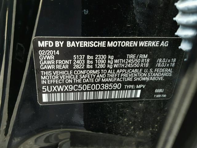 5UXWX9C50E0D38590 - 2014 BMW X3 XDRIVE2 BLACK photo 10