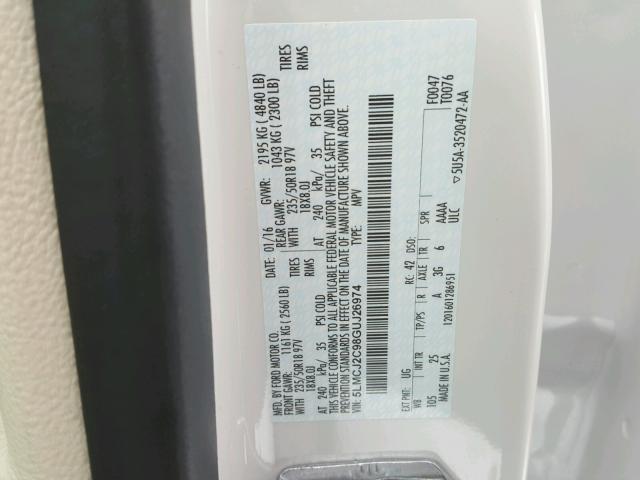 5LMCJ2C98GUJ26974 - 2016 LINCOLN MKC SELECT თეთრი ფოტო 10