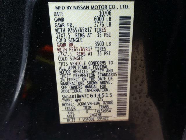 5N1AR18W47C614515 - 2007 NISSAN PATHFINDER BLACK photo 10