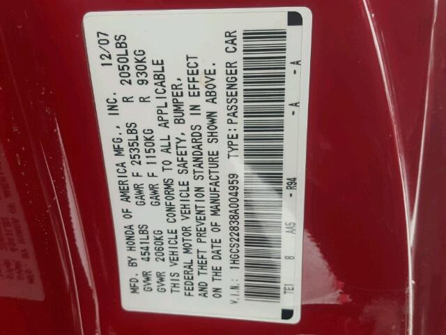 1HGCS22838A004959 - 2008 HONDA ACCORD EXL RED photo 10