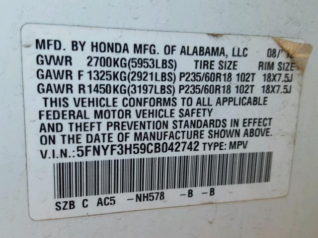 5FNYF3H59CB042742 - 2012 HONDA PILOT EXL WHITE photo 10