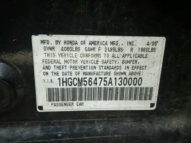 1HGCM56475A130000 - 2005 HONDA ACCORD LX CHARCOAL photo 10