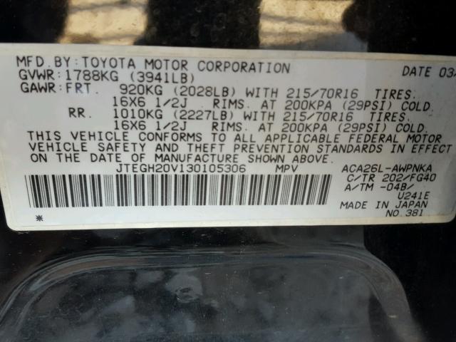 JTEGH20V130105306 - 2003 TOYOTA RAV4 BLACK photo 10