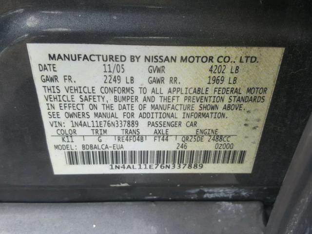 1N4AL11E76N337889 - 2006 NISSAN ALTIMA S CHARCOAL photo 10