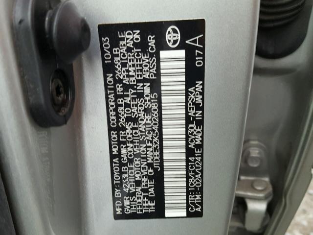 JTDBE32K540260815 - 2004 TOYOTA CAMRY LE SILVER photo 10