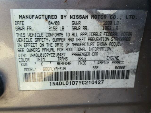 1N4DL01D7YC210427 - 2000 NISSAN ALTIMA XE SILVER photo 10