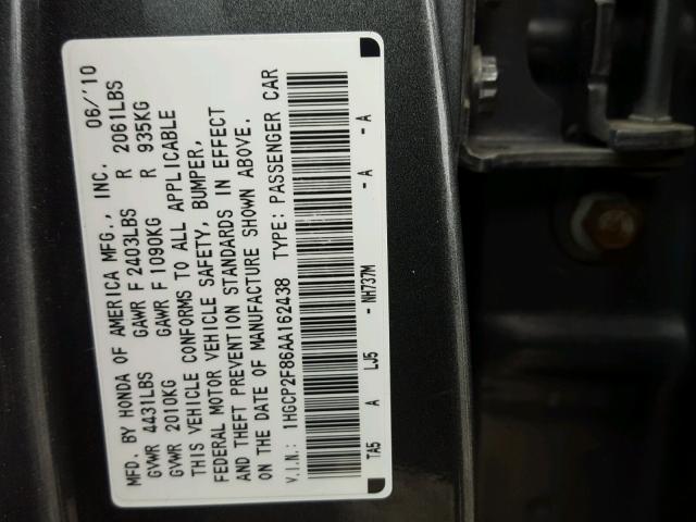 1HGCP2F86AA162438 - 2010 HONDA ACCORD EXL GRAY photo 10