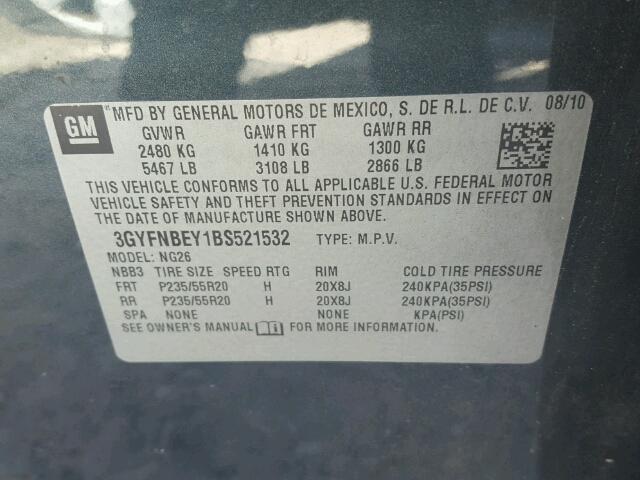 3GYFNBEY1BS521532 - 2011 CADILLAC SRX PERFOR GRAY photo 10