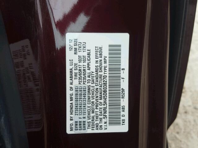 5FNRL5H45DB038270 - 2013 HONDA ODYSSEY EX MAROON photo 10