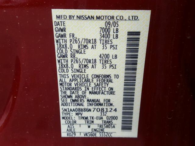 5N1AA08B86N708124 - 2006 NISSAN ARMADA SE RED photo 10