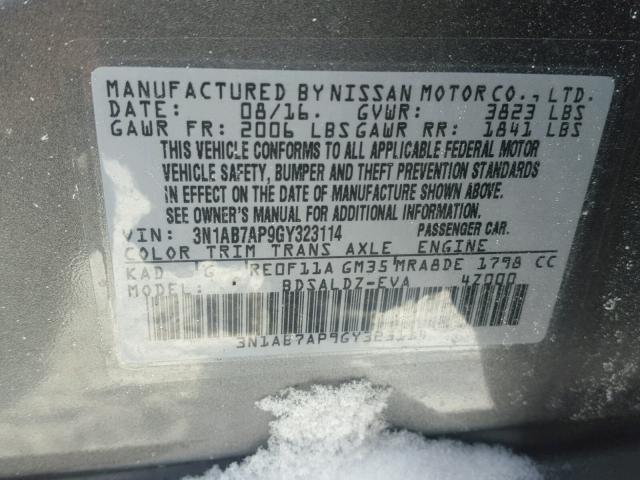 3N1AB7AP9GY323114 - 2016 NISSAN SENTRA S SILVER photo 10