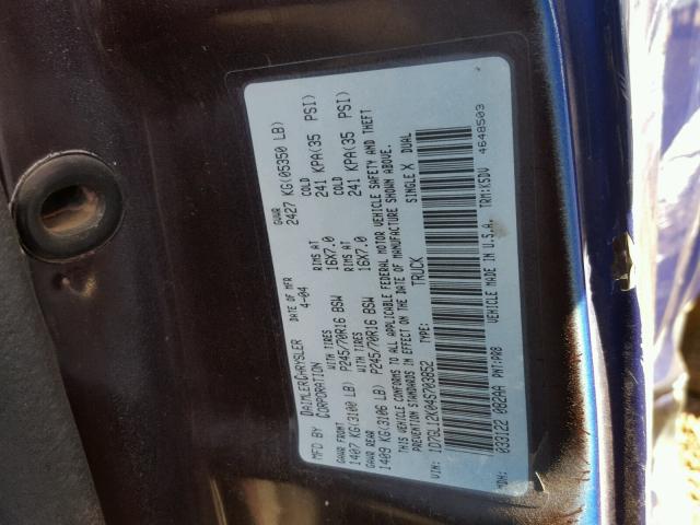 1D7GL12K04S703852 - 2004 DODGE DAKOTA SXT BLUE photo 10