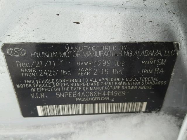 5NPEB4AC6CH444989 - 2012 HYUNDAI SONATA GLS SILVER photo 10