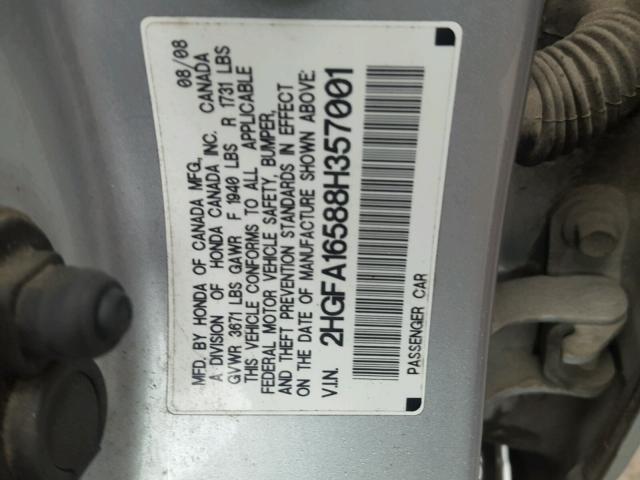 2HGFA16588H357001 - 2008 HONDA CIVIC LX SILVER photo 10