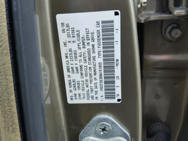 1HGCP26398A151805 - 2008 HONDA ACCORD LX GOLD photo 10