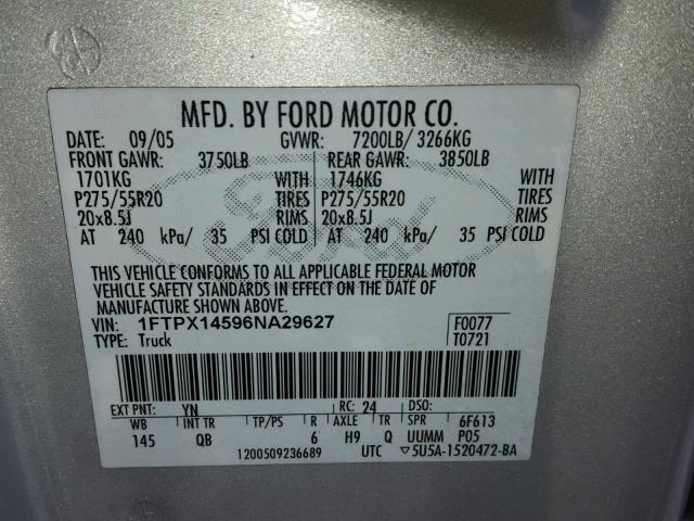 1FTPX14596NA29627 - 2006 FORD F150 SILVER photo 10