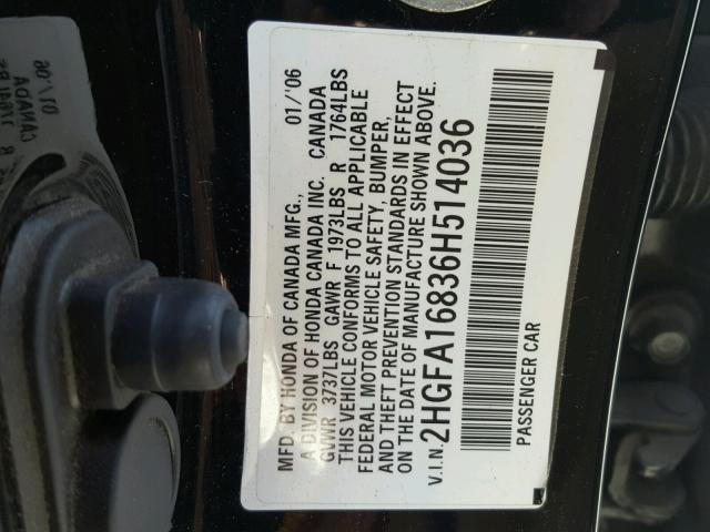2HGFA16836H514036 - 2006 HONDA CIVIC EX შავი ფოტო 10