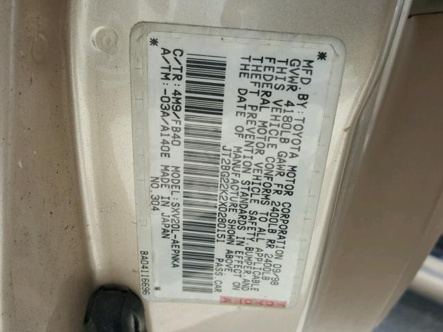 JT2BG22K2X0280151 - 1999 TOYOTA CAMRY LE BEIGE photo 10