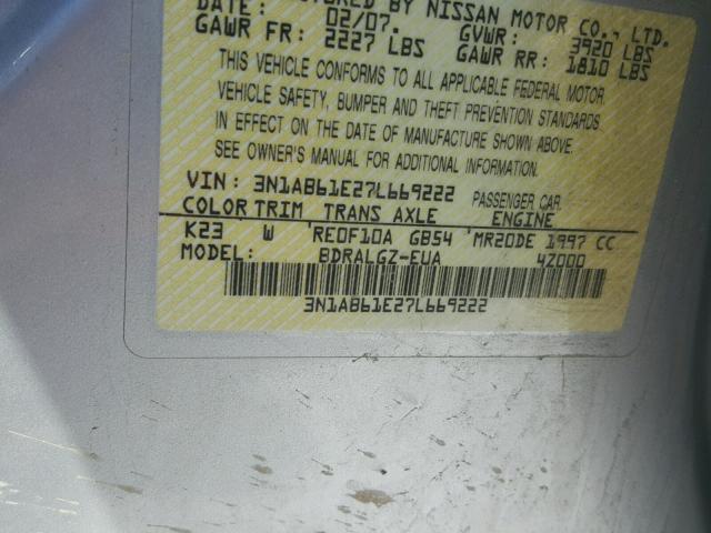 3N1AB61E27L669222 - 2007 NISSAN SENTRA 2.0 SILVER photo 10