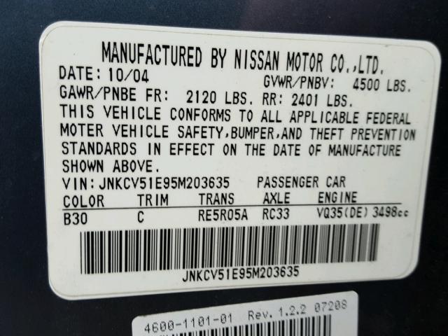 JNKCV51E95M203635 - 2005 INFINITI G35 BLUE photo 10