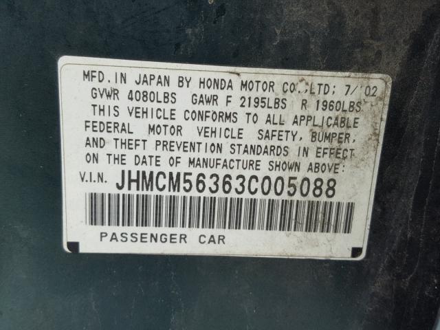 JHMCM56363C005088 - 2003 HONDA ACCORD LX GREEN photo 10