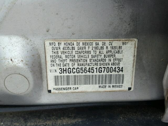 3HGCG56451G700434 - 2001 HONDA ACCORD LX SILVER photo 10