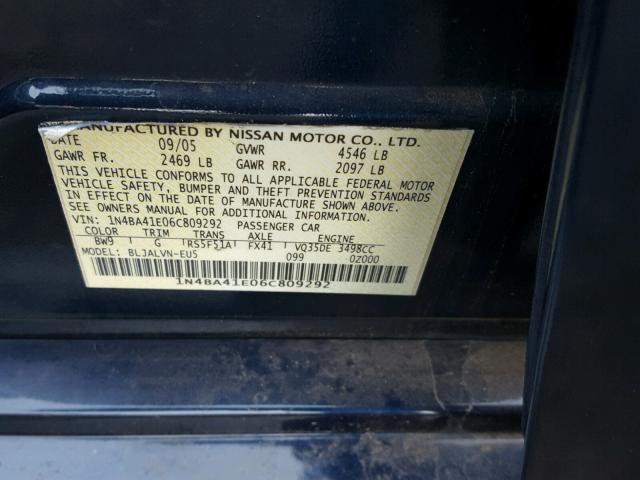 1N4BA41E06C809292 - 2006 NISSAN MAXIMA SE BLUE photo 10