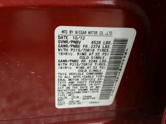 JN8AS5MV7DW117874 - 2013 NISSAN ROGUE S RED photo 10