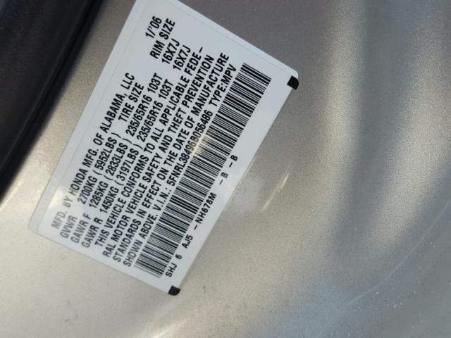 5FNRL38496B056486 - 2006 HONDA ODYSSEY EX SILVER photo 10