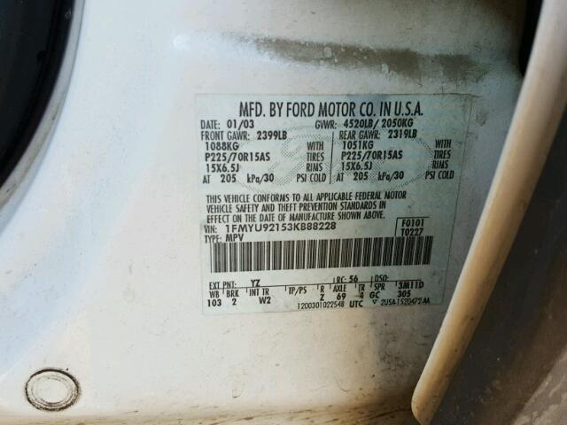 1FMYU92153KB88228 - 2003 FORD ESCAPE XLS WHITE photo 10