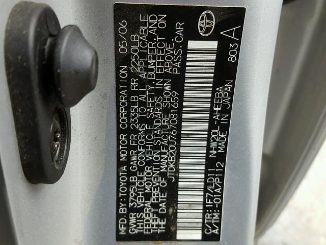 JTDKB20U767081659 - 2006 TOYOTA PRIUS SILVER photo 10