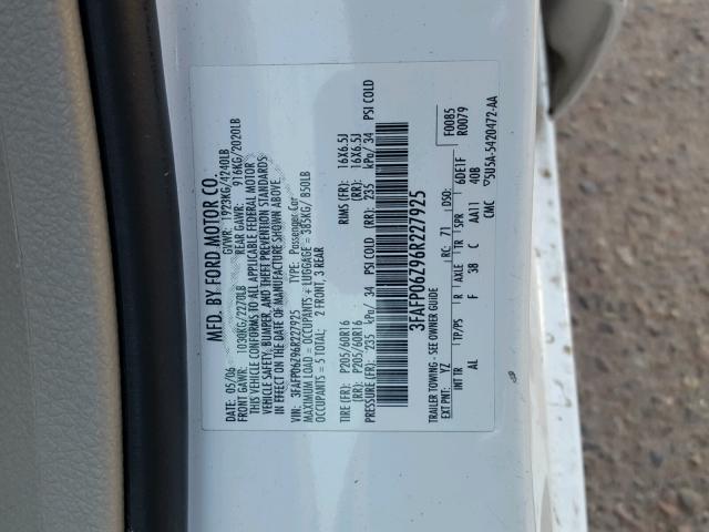 3FAFP06Z96R227925 - 2006 FORD FUSION S WHITE photo 10