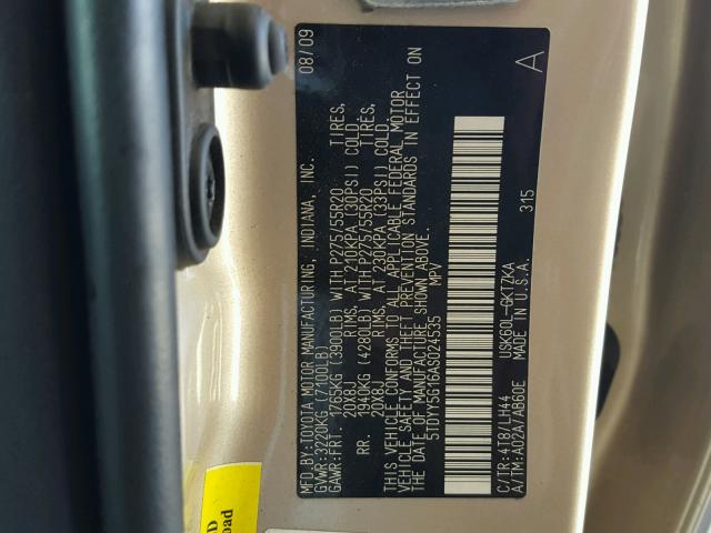 5TDYY5G16AS024535 - 2010 TOYOTA SEQUOIA PL GOLD photo 10