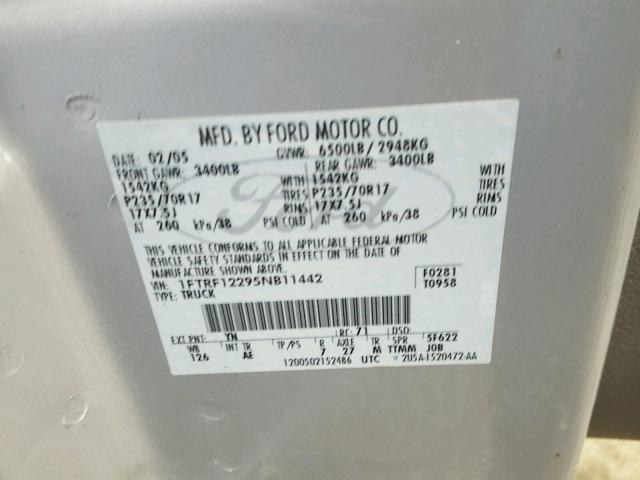 1FTRF12295NB11442 - 2005 FORD F150 GRAY photo 10