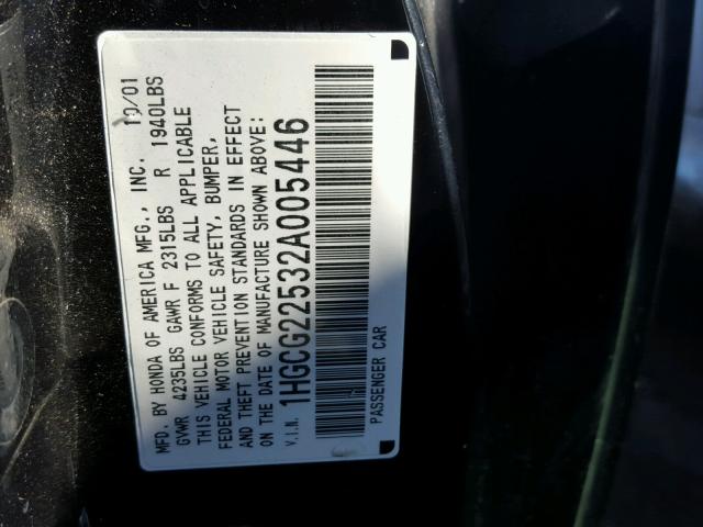 1HGCG22532A005446 - 2002 HONDA ACCORD EX BLACK photo 10