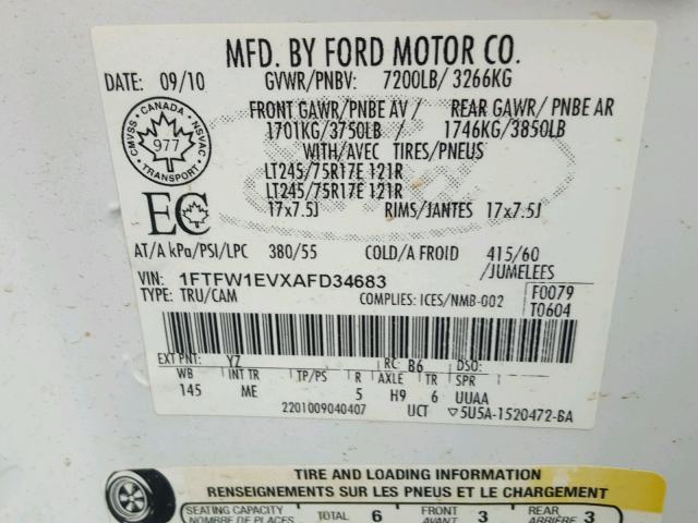 1FTFW1EVXAFD34683 - 2010 FORD F150 SUPER WHITE photo 10