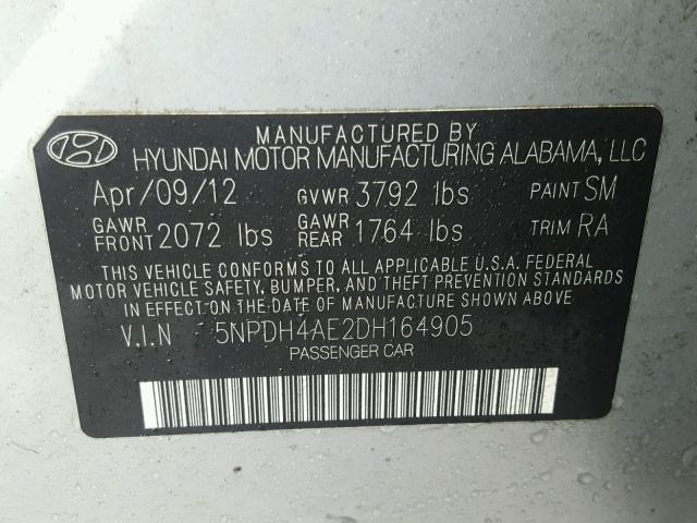 5NPDH4AE2DH164905 - 2013 HYUNDAI ELANTRA GL SILVER photo 10