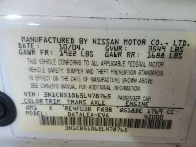 3N1CB51D65L478765 - 2005 NISSAN SENTRA 1.8 WHITE photo 10